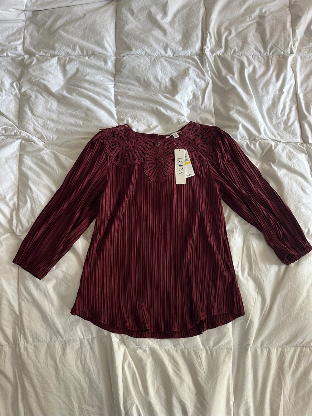 Rio & Rian - Lightweight Pleated Burgundy Women's Top with Crochet Yoke - M